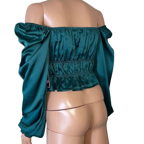 Mixed Threads blouse top Long Sleeve Textured Satin Emarald green puff sleeve SM - Picture 5 of 11